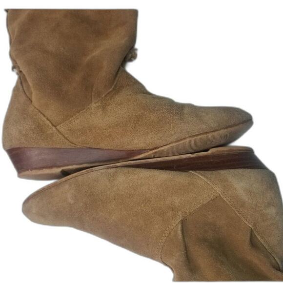 1980s Vintage Brown Suede Folded Slide On Slouch Wide Leg Almond Toe Boots 7M - Picture 7 of 9